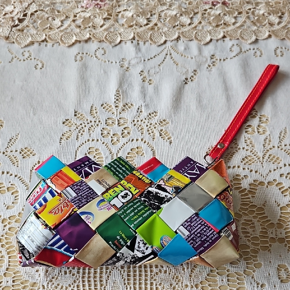 Nahui Ollin Colorful Woven Candy Wrappers Patchwork  Wristlet Clutch
